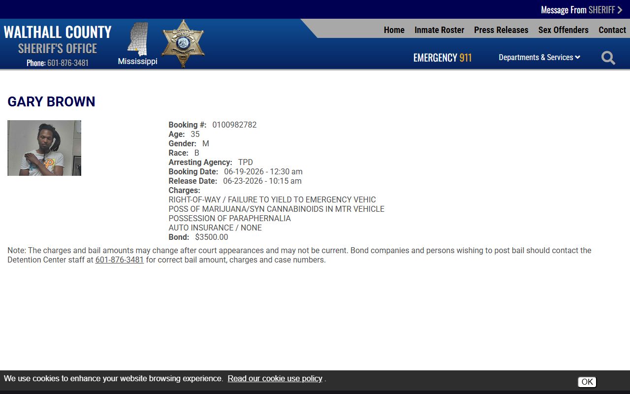 Walthall County arrest records sample inmate booking profile
