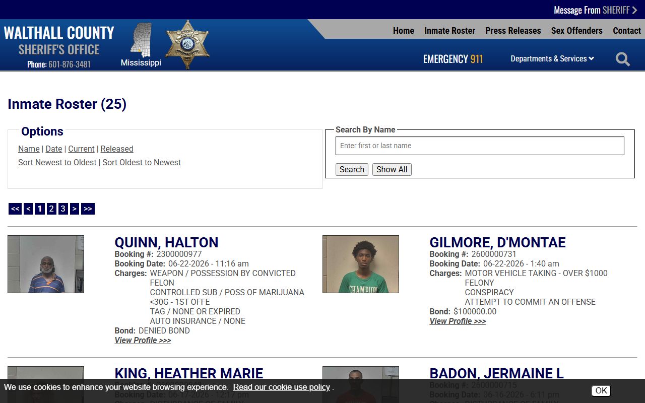 Walthall County arrest records current jail roster with booking charges