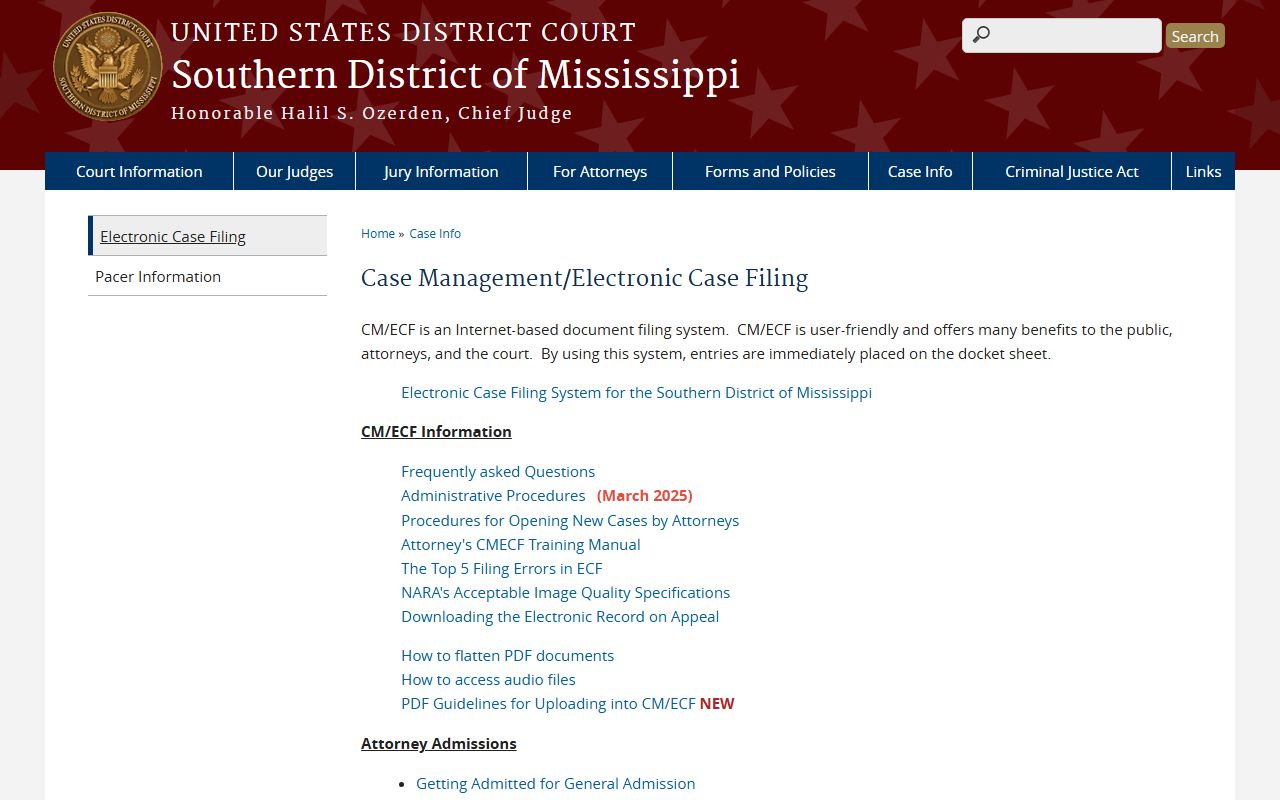 Walthall County federal court dockets on the Southern District of Mississippi CM/ECF page