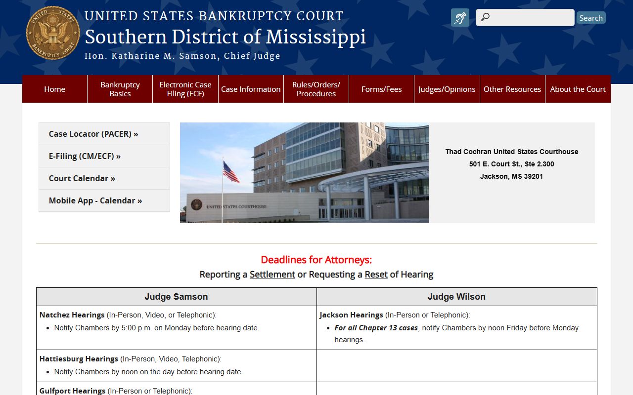 Walthall County bankruptcy court dockets on the Southern District of Mississippi Bankruptcy Court page