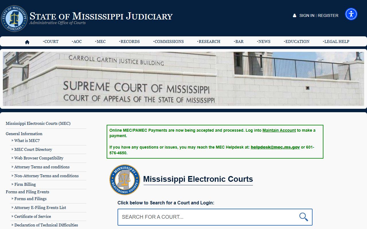 Mississippi Electronic Courts information page for Walthall County court records