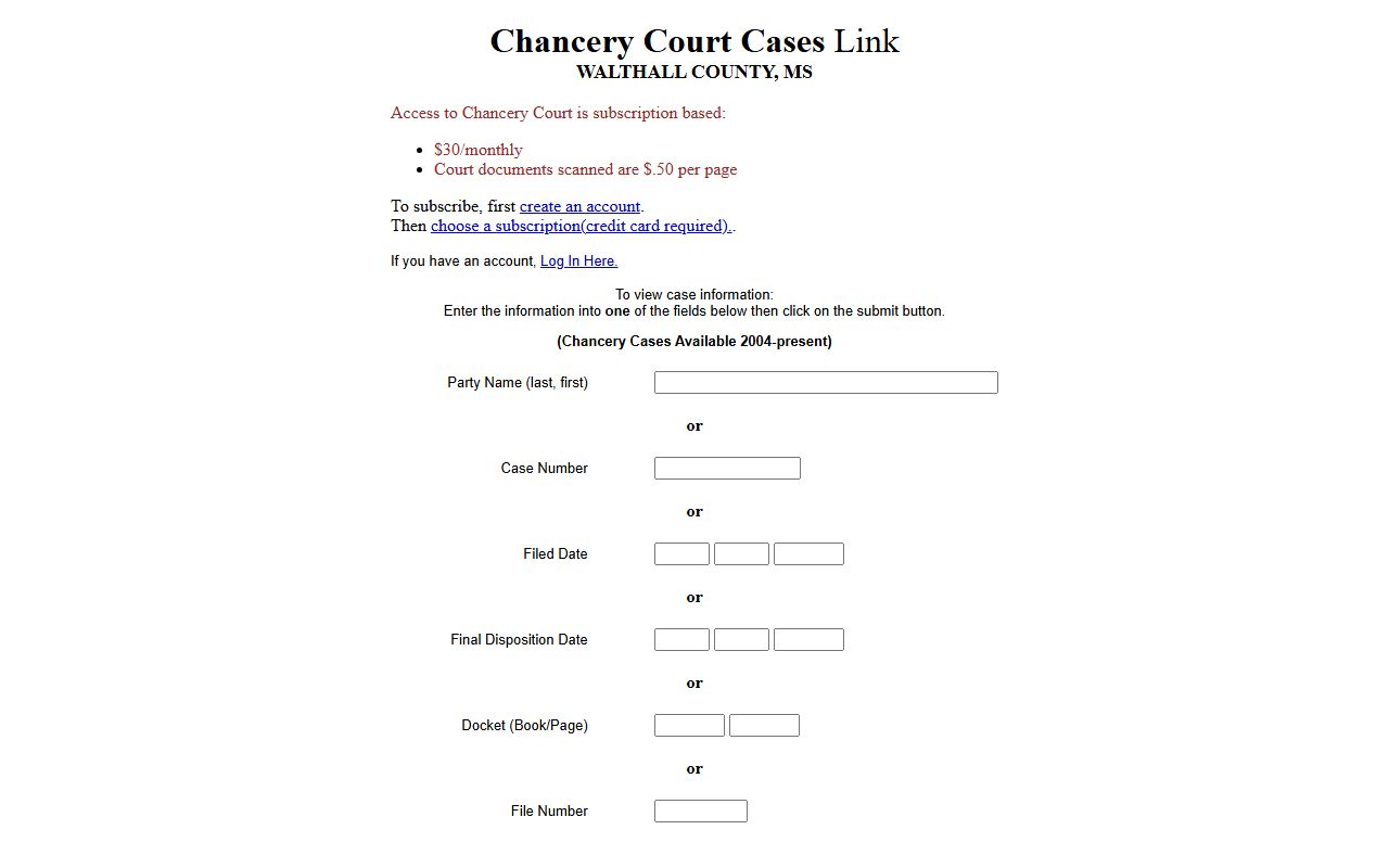 Walthall County Chancery Court records case-search portal