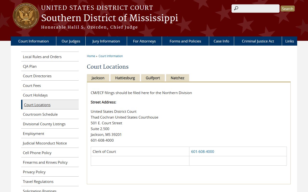 Walthall County area federal court locations and records for the Southern District of Mississippi