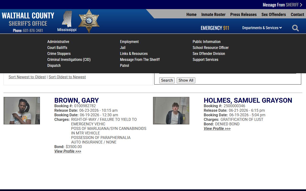Walthall County 48-hour release roster of recent inmate records
