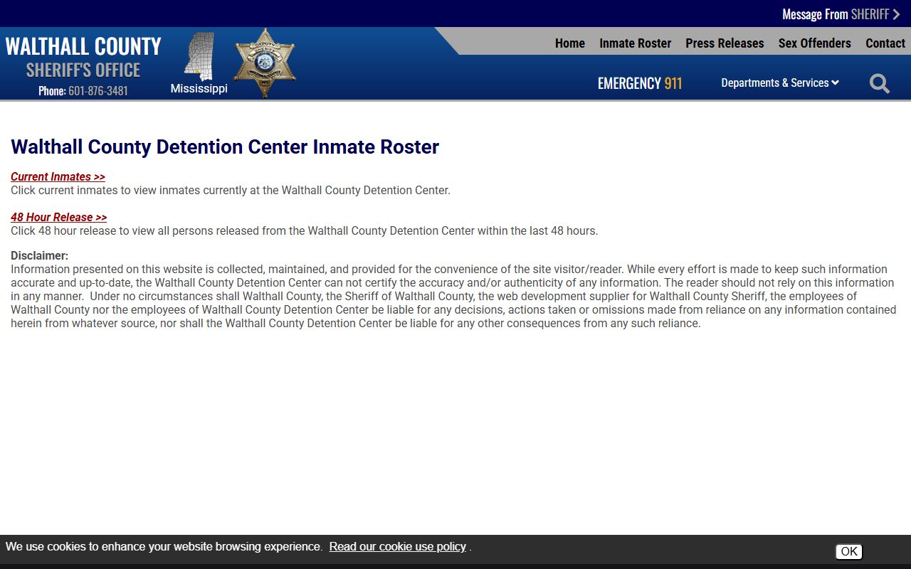Walthall County inmate roster chooser for current and released inmate records