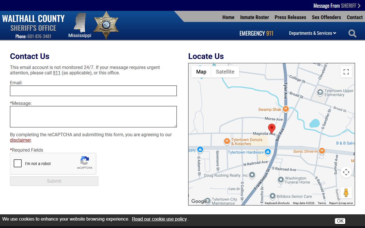 Walthall County Sheriff's Office contact page for inmate and jail records