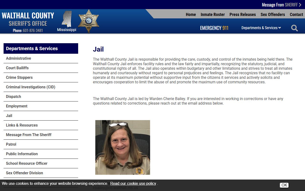 Walthall County jail page describing inmate custody and detention records