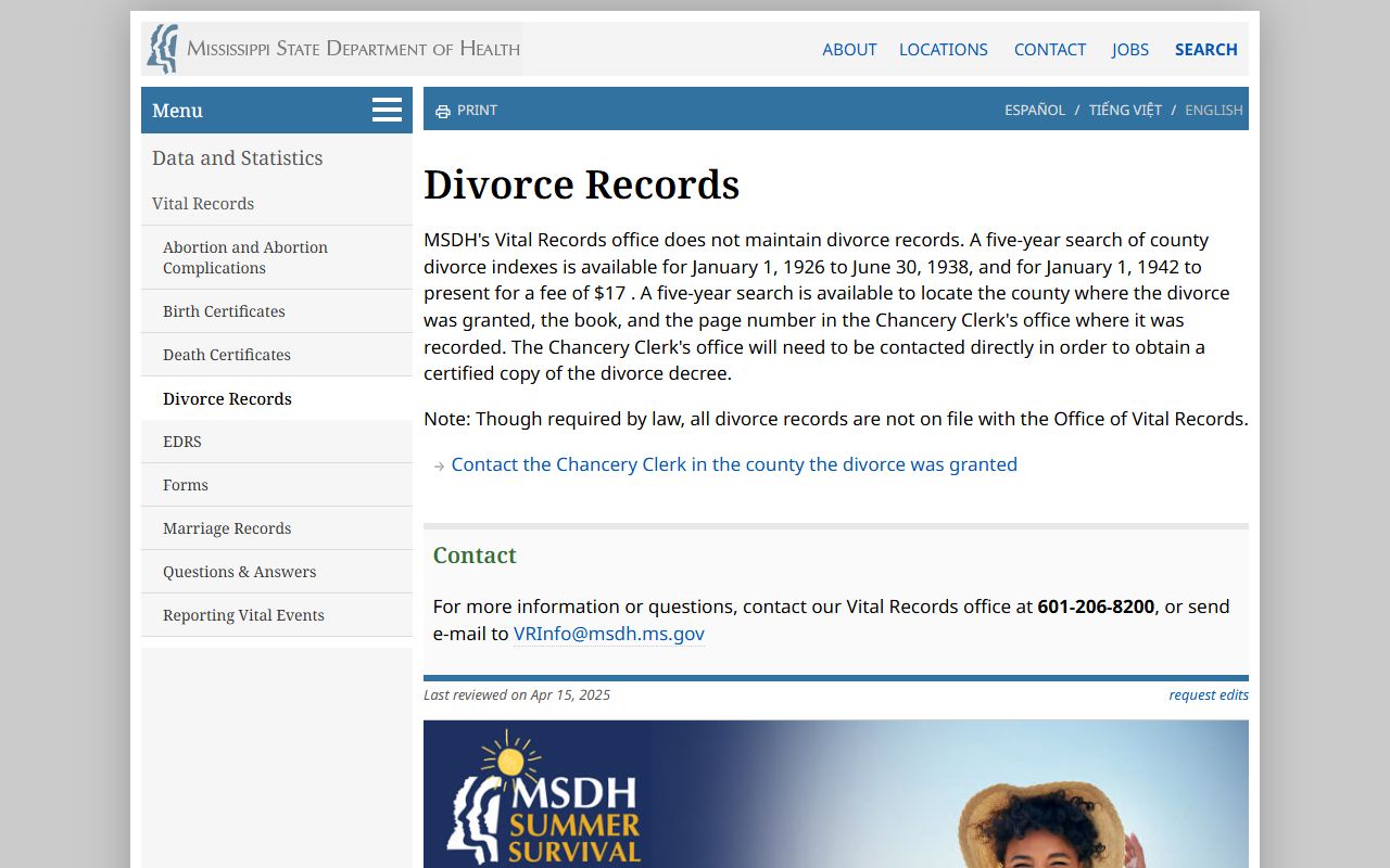 MSDH Walthall County divorce records index search page