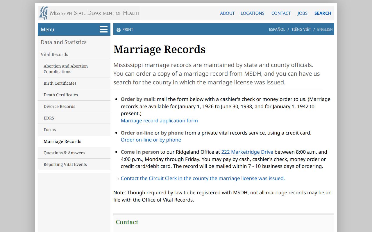 MSDH Walthall County marriage records ordering page