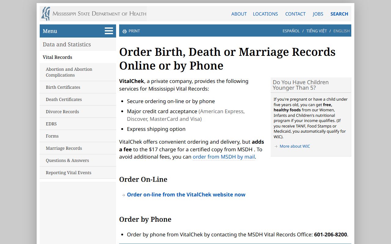 MSDH Walthall County marriage and divorce records online ordering page
