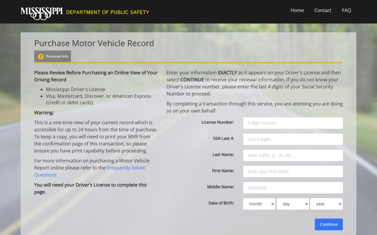 Mississippi DPS Motor Vehicle Record purchase portal for Walthall County driver record requests