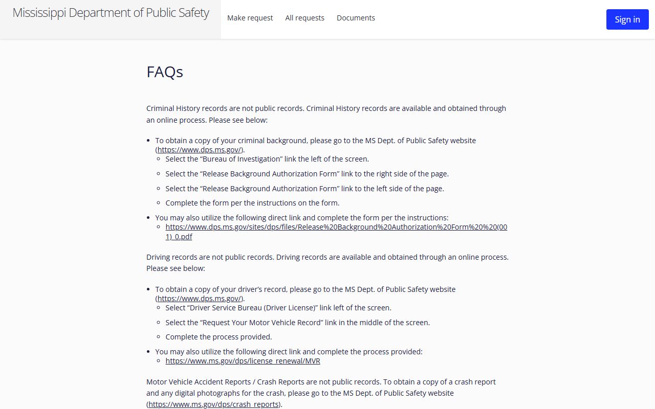 Mississippi DPS public-records FAQ page explaining Walthall County traffic, driver, and crash record requests